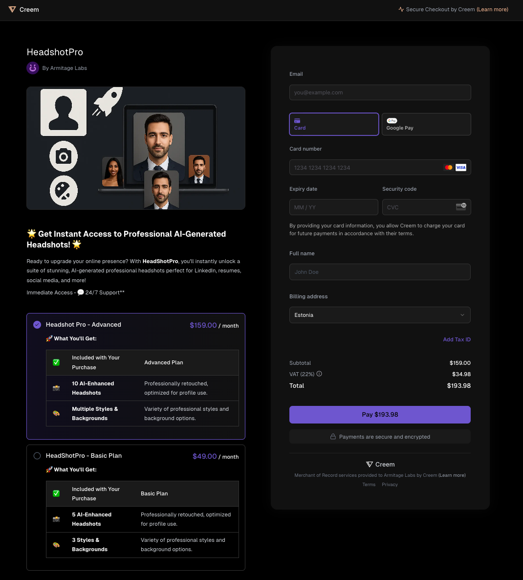Creem checkout page in dark theme