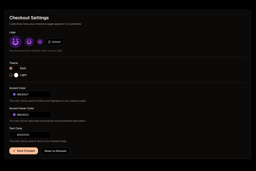 Creem branding settings UI with logo upload and color pickers