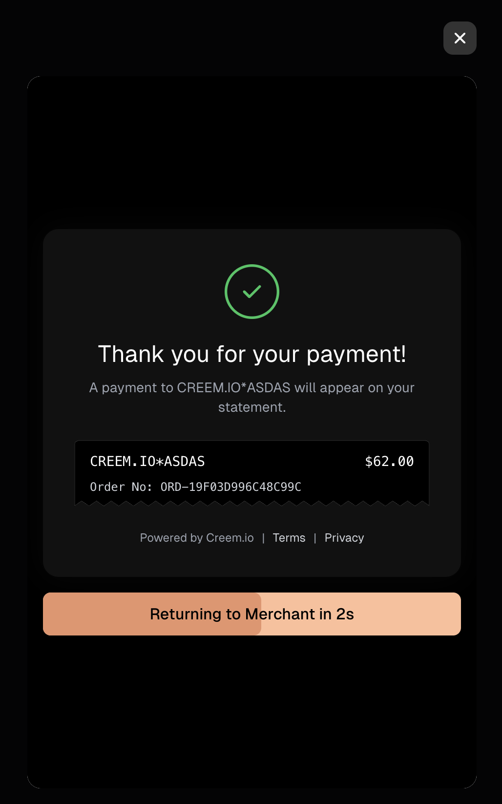 Embedded checkout success screen: 'Thank you for your payment' with a 'Returning to Merchant in 2s' countdown button