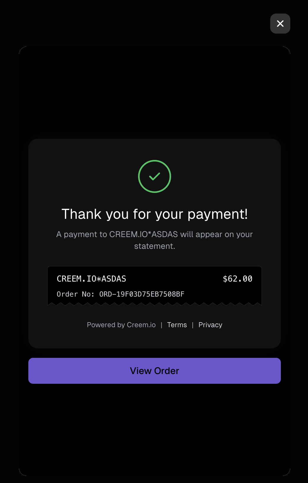 Embedded checkout success screen: 'Thank you for your payment' with a 'View Order' button