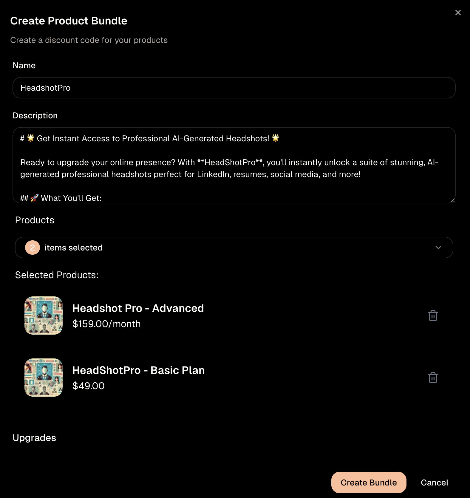 Create Product Bundle interface showing product selection and upgrade options